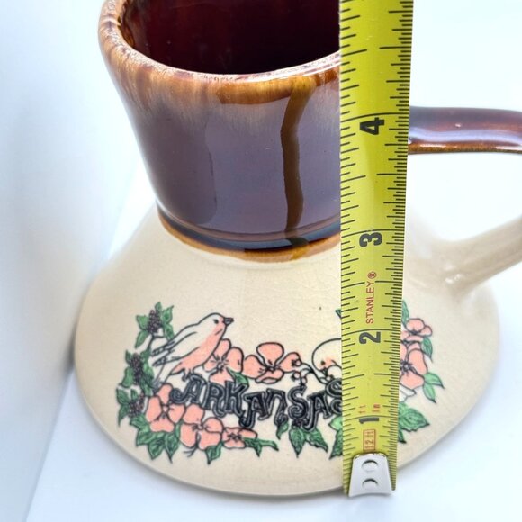 Arkansas Ceramic Pottery Mug Birds Flowers Spill-Proof Brown Beige Vtg 2 - Picture 2 of 8